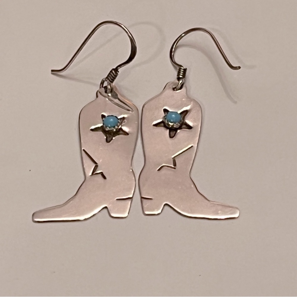 Vintage Sterling Silver Cowboy Boot Earrings Sleeping Beauty Turquoise - Picture 5 of 6